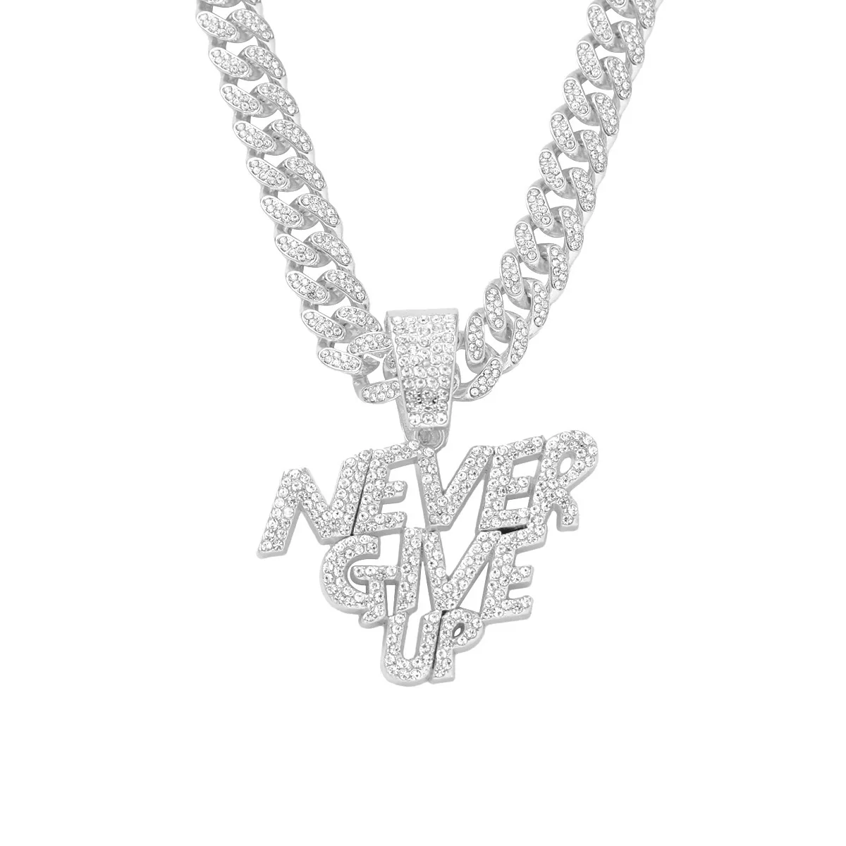Alloy Hip Hop Letter Rhinestone Diamond Cuban Chain Pendant Necklace - Image 7