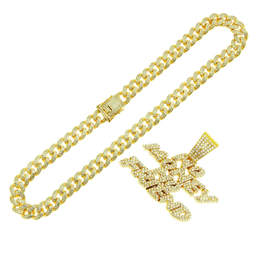 Alloy Hiphop Diamond Letter Pendant Necklace With Cuban Chain For Men - Image 5