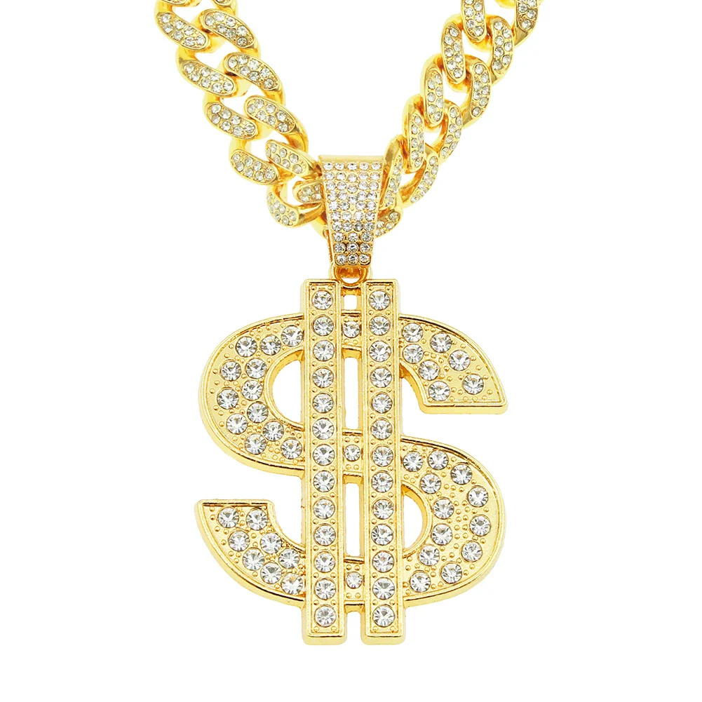 Alloy Hiphop Diamondencrusted Dollar Pendant Cuban Chain Necklace With Letters Numbers Text Pattern For Men
