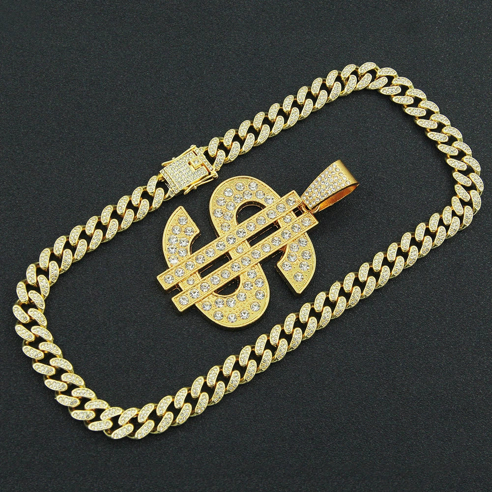 Alloy Hiphop Diamondencrusted Dollar Pendant Cuban Chain Necklace With Letters Numbers Text Pattern For Men - Image 3