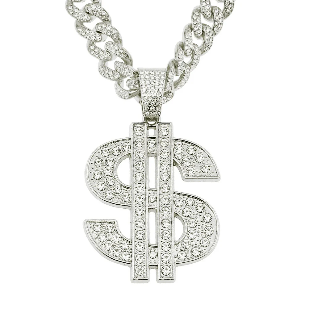 Alloy Hiphop Diamondencrusted Dollar Pendant Cuban Chain Necklace With Letters Numbers Text Pattern For Men - Image 6