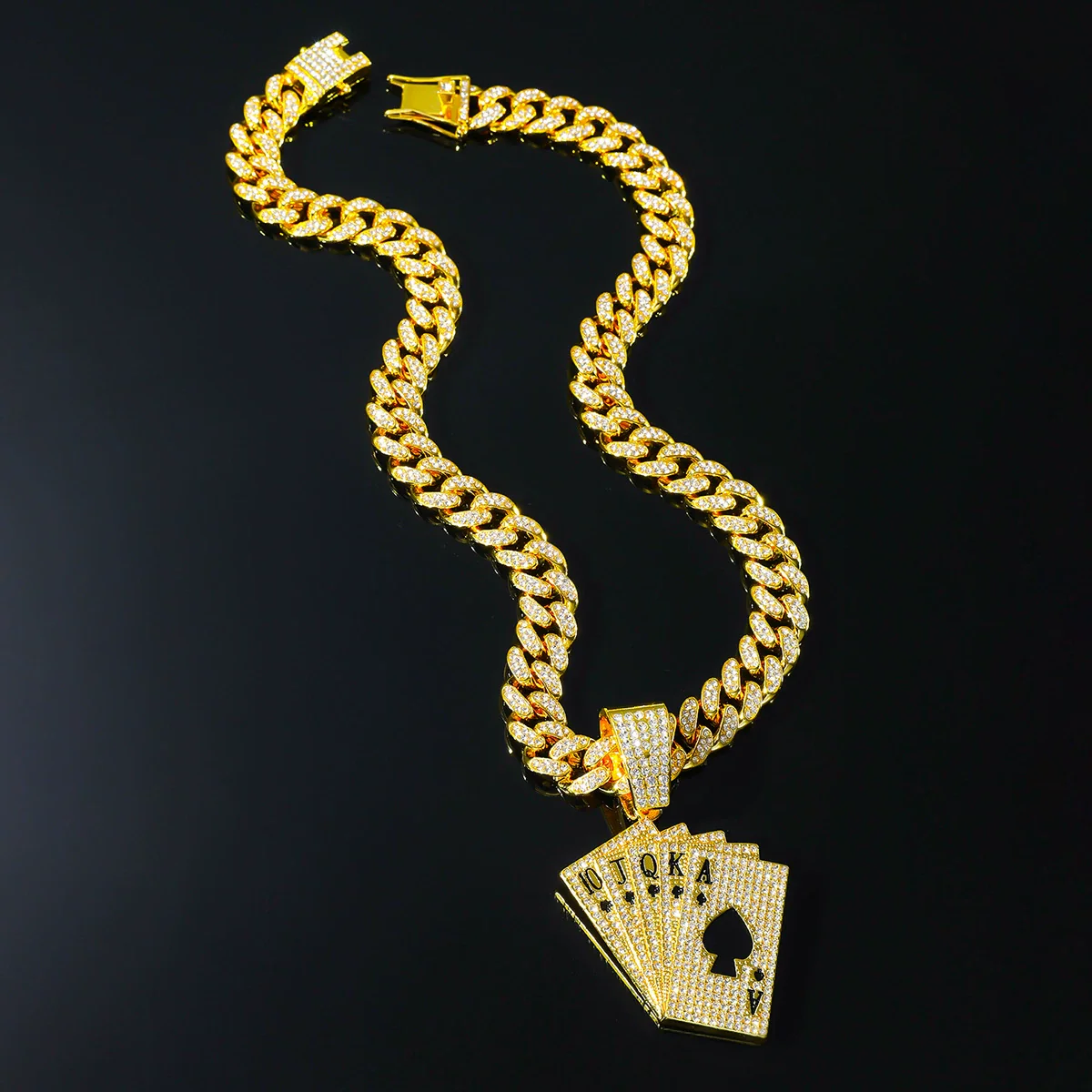 Alloy Hiphop Geometric Diamond Rhinestone Poker Pendant Necklace For Men With Cuban Chain - Image 2