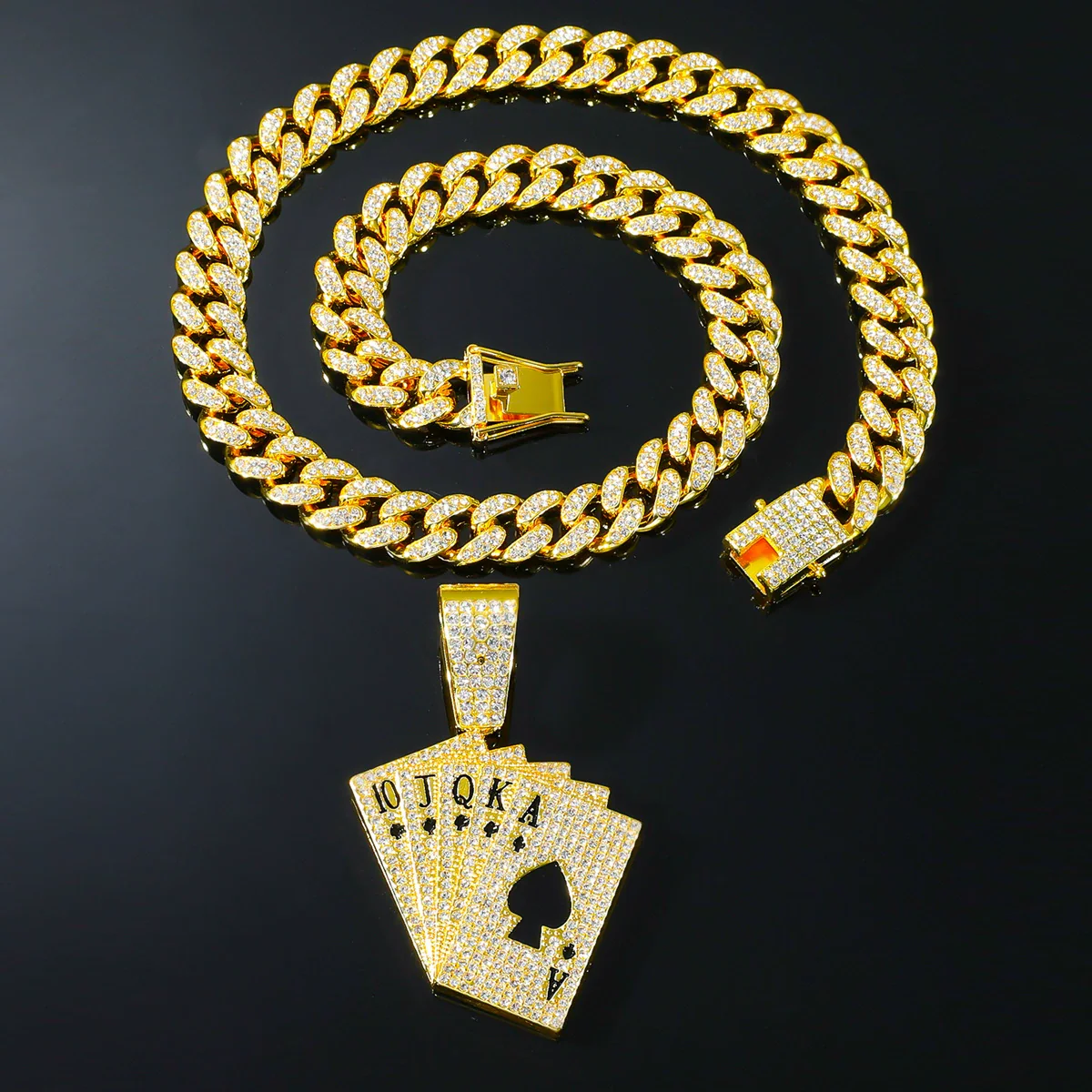 Alloy Hiphop Geometric Diamond Rhinestone Poker Pendant Necklace For Men With Cuban Chain - Image 3