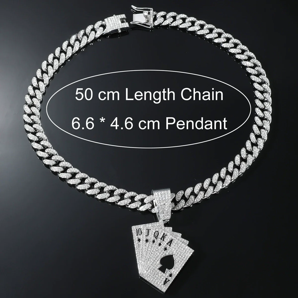 Alloy Hiphop Geometric Diamond Rhinestone Poker Pendant Necklace For Men With Cuban Chain - Image 4