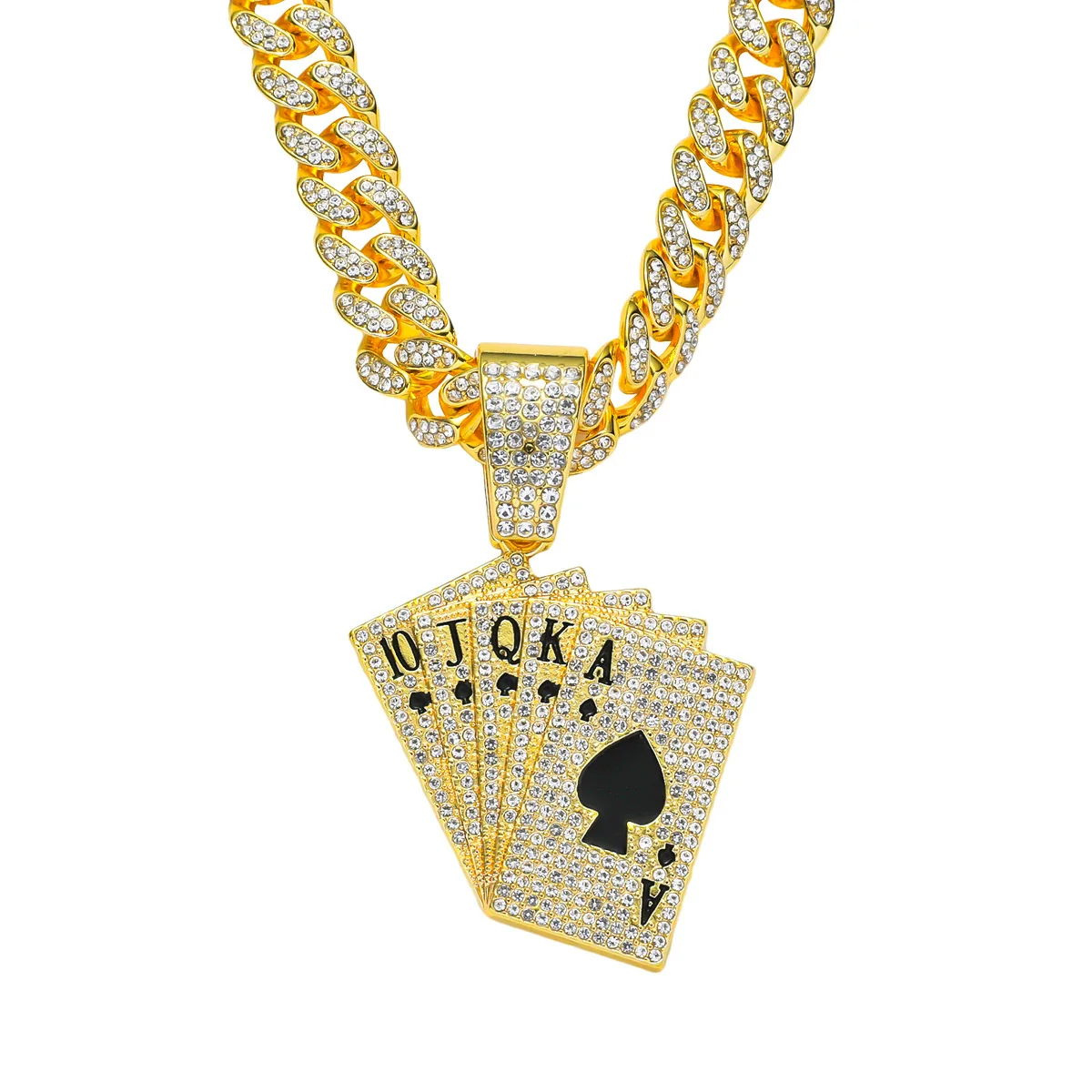 Alloy Hiphop Geometric Diamond Rhinestone Poker Pendant Necklace For Men With Cuban Chain - Image 6