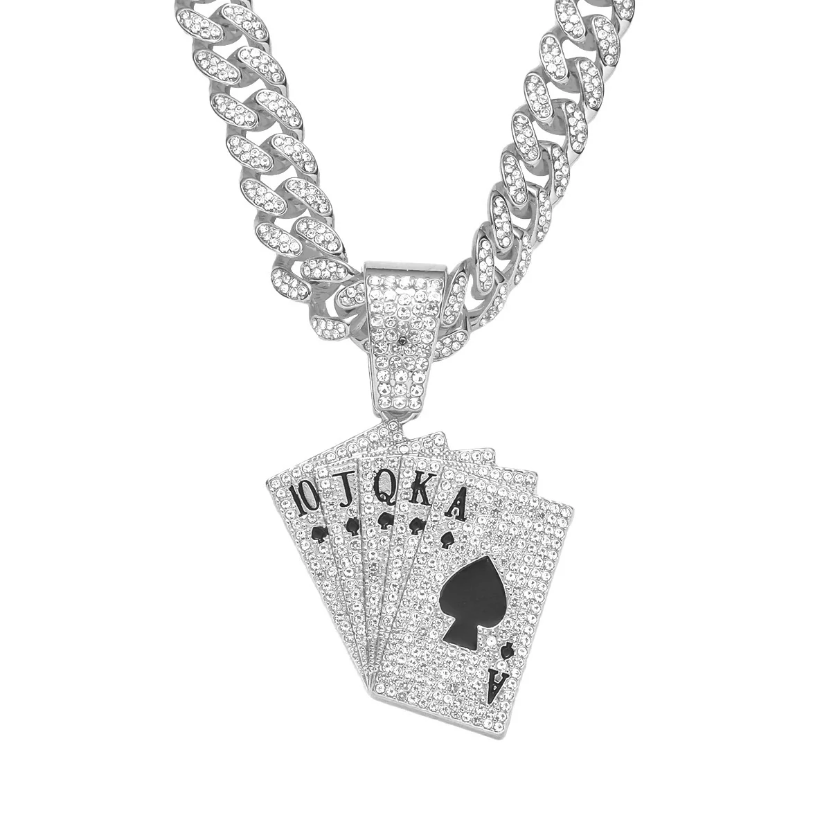 Alloy Hiphop Geometric Diamond Rhinestone Poker Pendant Necklace For Men With Cuban Chain - Image 7