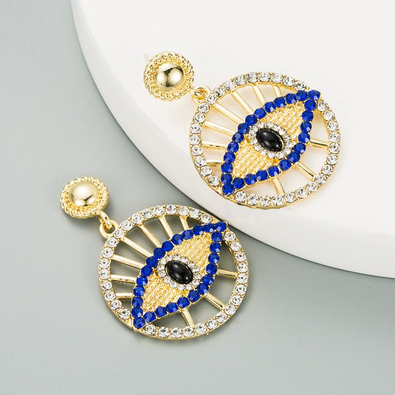 Alloy Hollow Round Turkish Eye Diamond Earrings For Women Retro Fashion Jewelry - Image 8