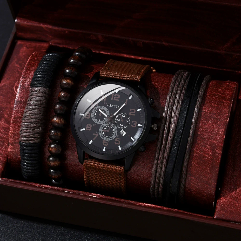 Alloy Imitation Leather Ordinary Glass Mirror Round Dial Men's Leisure Quartz Watch Set - Image 16