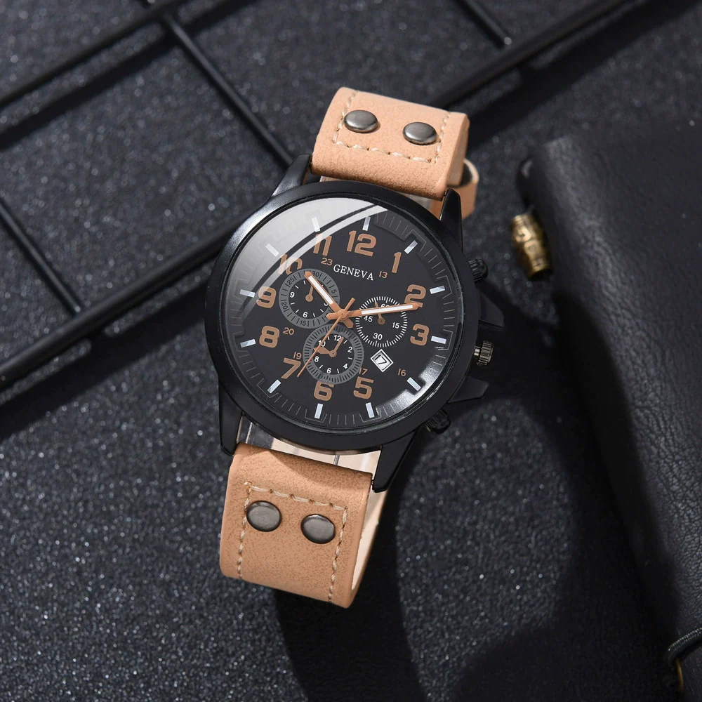 Alloy Imitation Leather Ordinary Glass Mirror Round Dial Men's Leisure Quartz Watch Set - Image 6