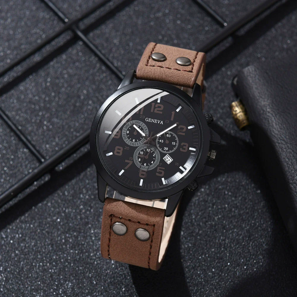 Alloy Imitation Leather Ordinary Glass Mirror Round Dial Men's Leisure Quartz Watch Set - Image 9