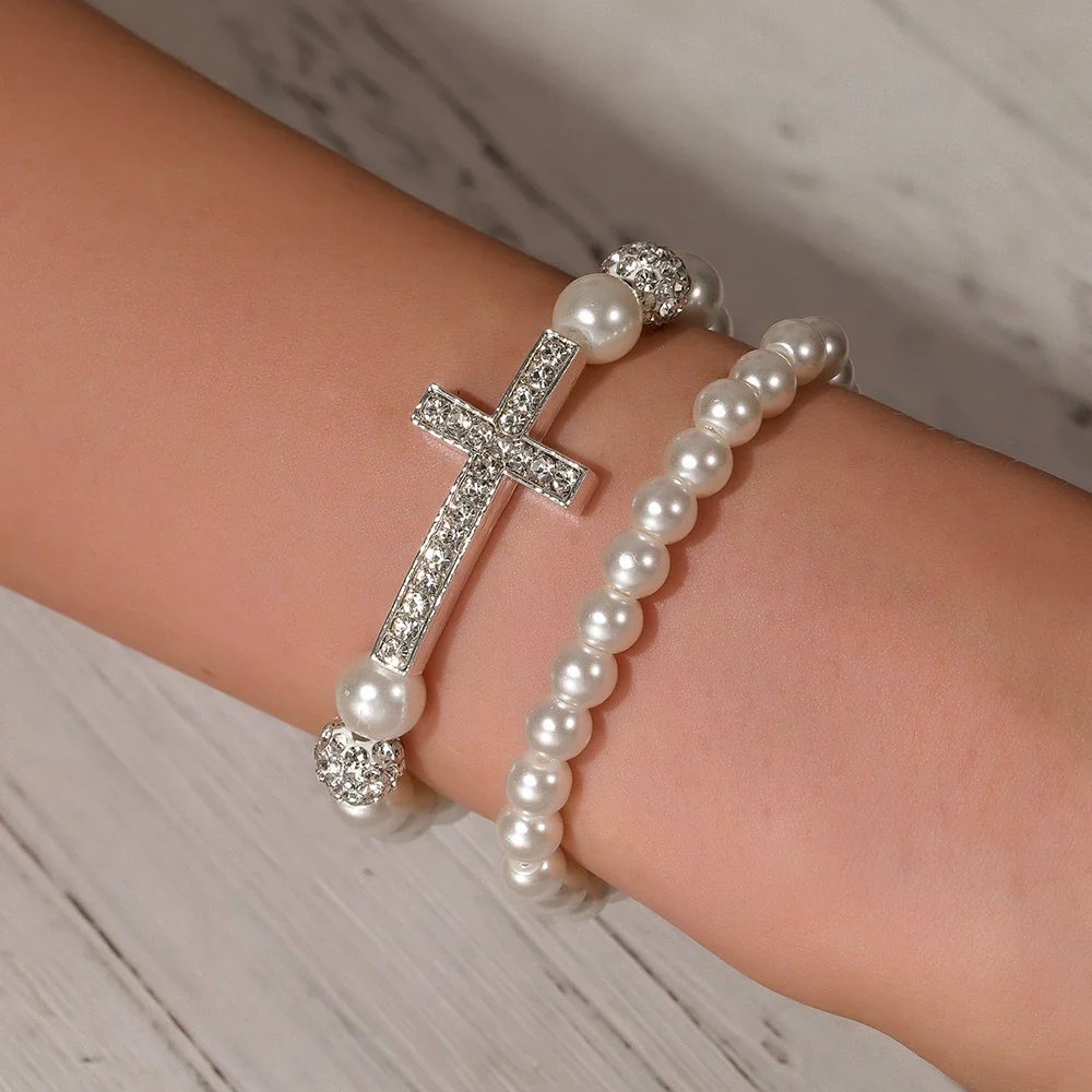 Alloy Imitation Pearl Geometric Style Handmade Cross Diamond Ball Bracelet - Image 4