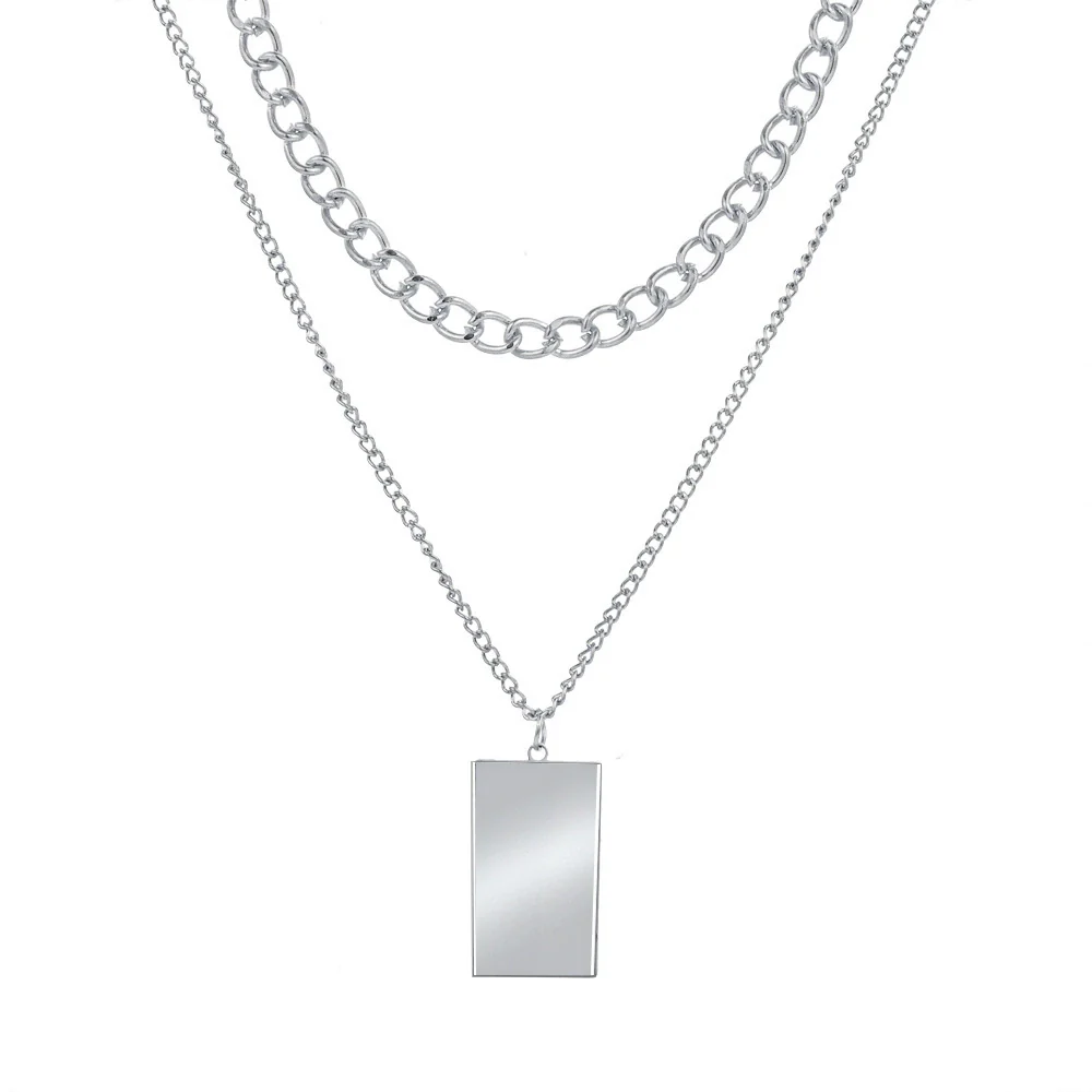 Alloy Jewelry Double Layer Small Square Pendant Necklace With Geometric Pattern And Ball Chain Electroplated Ins Style - Image 5