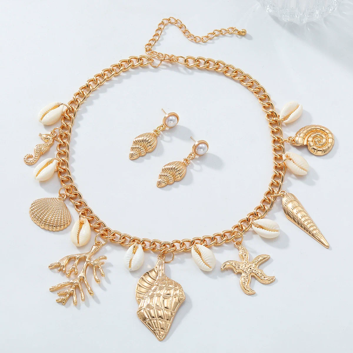 Alloy Jewelry With Marine Life Pattern Electroplated For Women Fashion Including Necklace And Earrings With Starfish Conch Design - Image 3