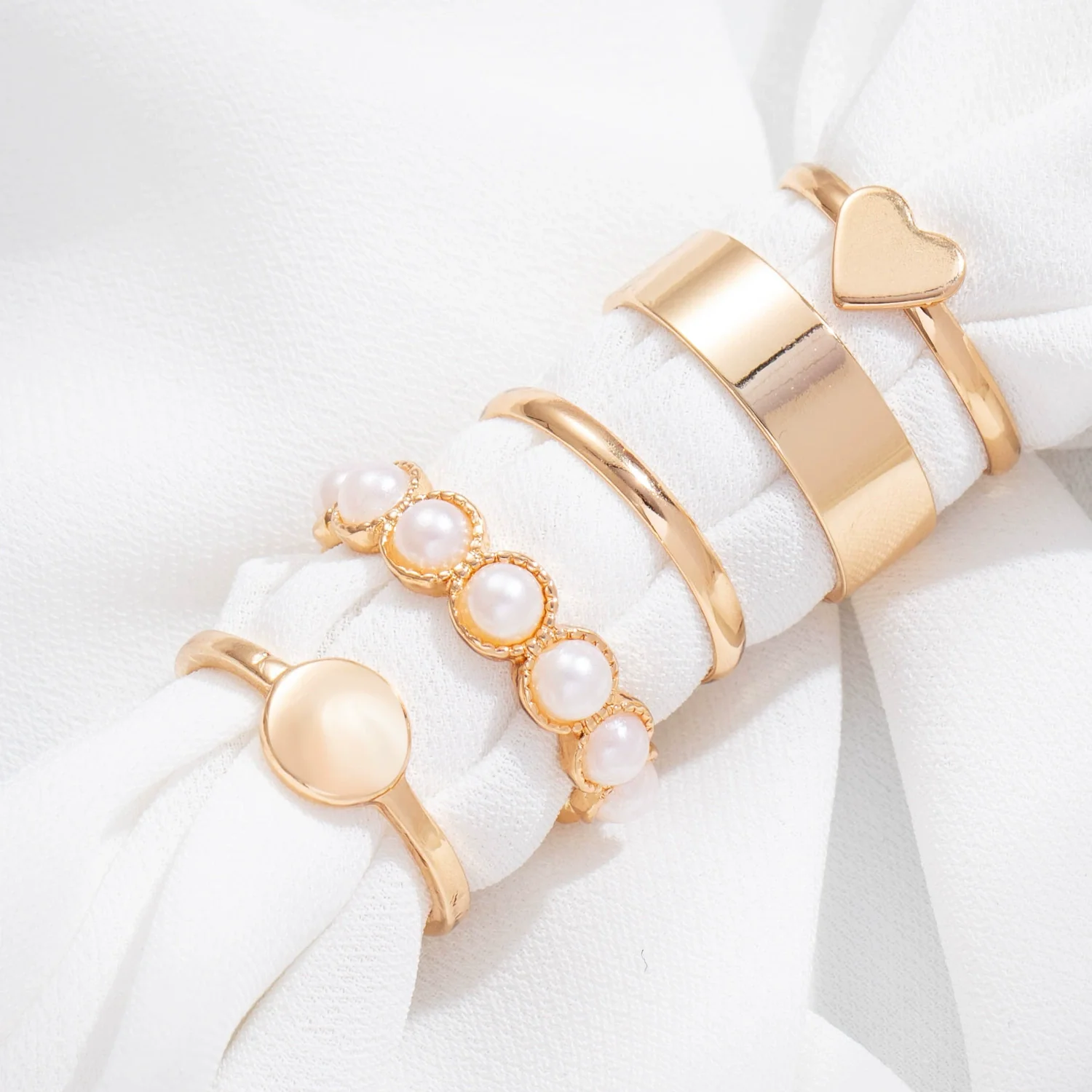 Alloy Love Heart Pearl Joint Ring Set For Women With Electroplating - Image 2