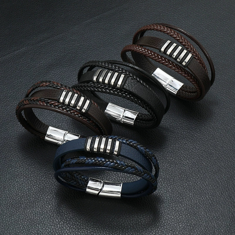 Alloy Magnet Buckle Leather Rope Handmade Geometric Vintage Bracelet For Men