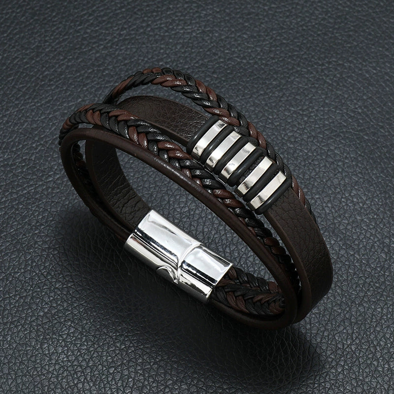 Alloy Magnet Buckle Leather Rope Handmade Geometric Vintage Bracelet For Men - Image 3