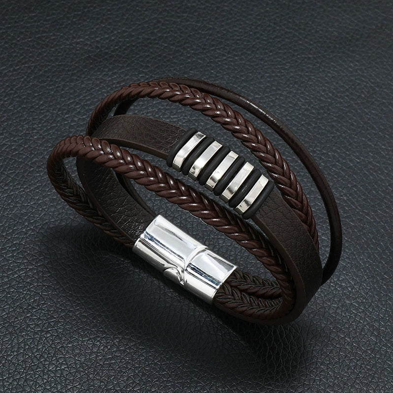 Alloy Magnet Buckle Leather Rope Handmade Geometric Vintage Bracelet For Men - Image 4