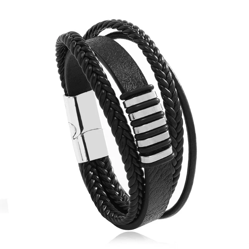 Alloy Magnet Buckle Leather Rope Handmade Geometric Vintage Bracelet For Men - Image 5
