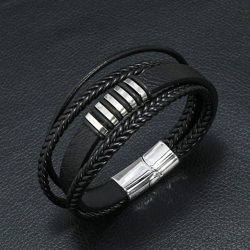 Alloy Magnet Buckle Leather Rope Handmade Geometric Vintage Bracelet For Men - Image 6