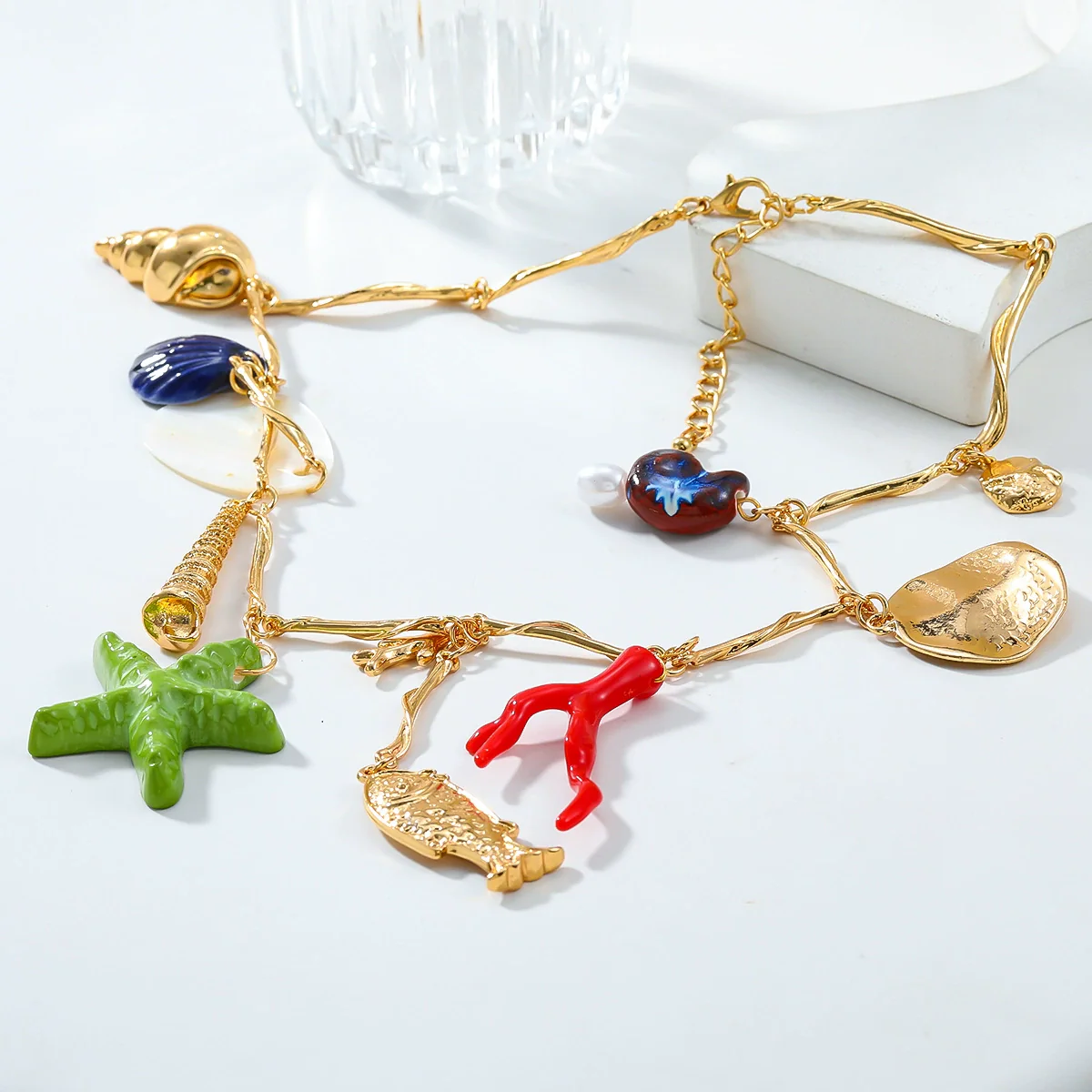 Alloy Marine Life Shell Conch Star Geometric Pendant Women's Snake Bone Chain Necklace - Image 3