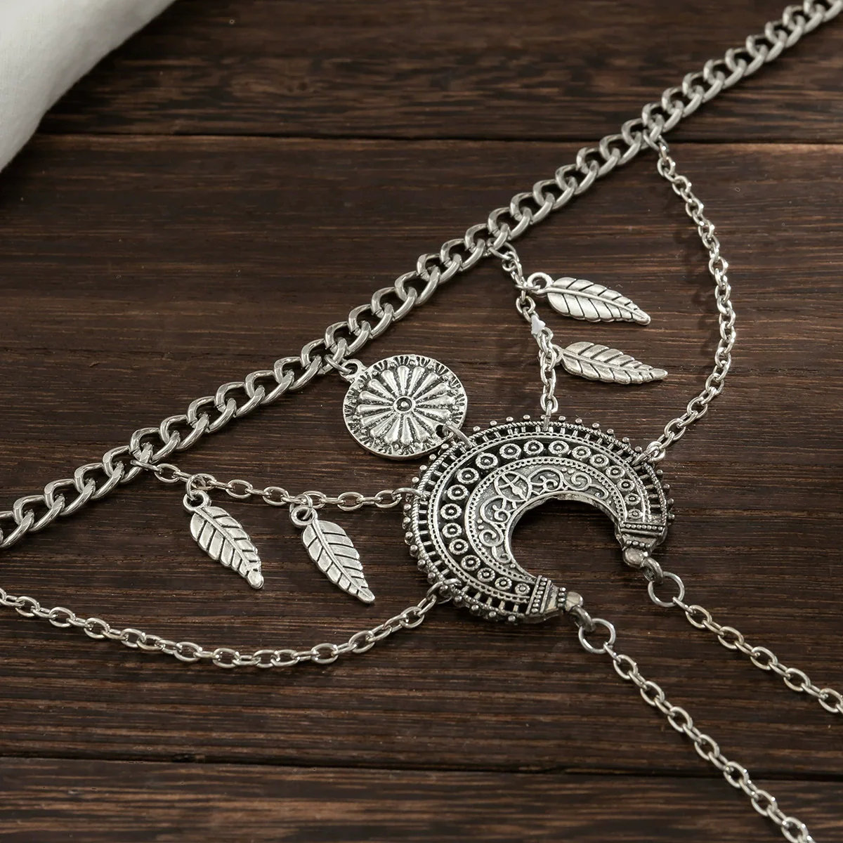 Alloy Metal Arm Chain Jewelry Punk Retro Geometric Dream Catcher Leaf Tassel Open Bracelet With Electroplating - Image 4