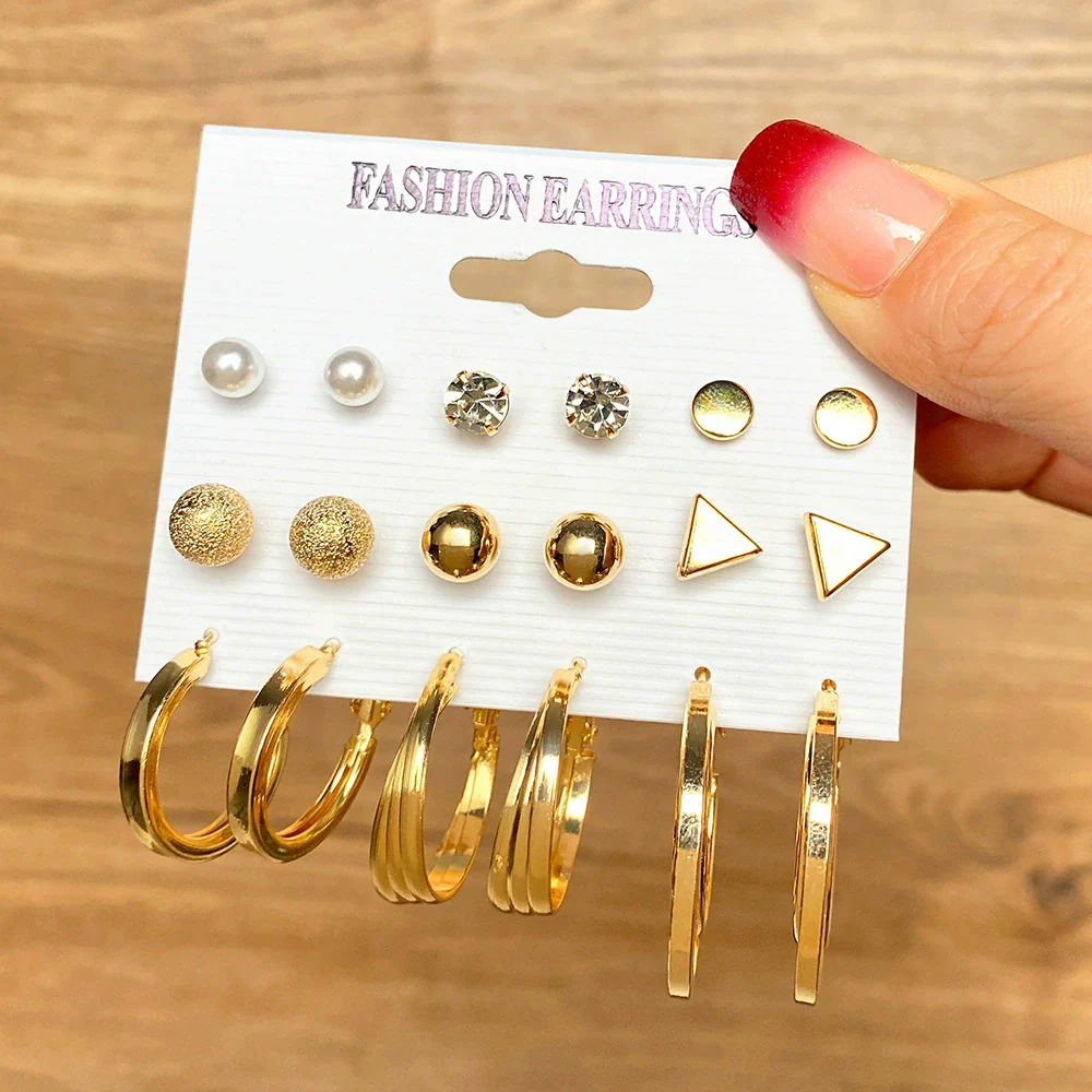 Alloy Metal Circle Chain Earrings Set Geometric Style Electroplated Stainless Steel Ear Needle - Image 11