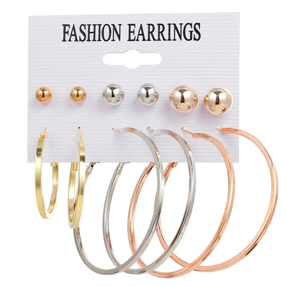 Alloy Metal Circle Chain Earrings Set Geometric Style Electroplated Stainless Steel Ear Needle - Image 16