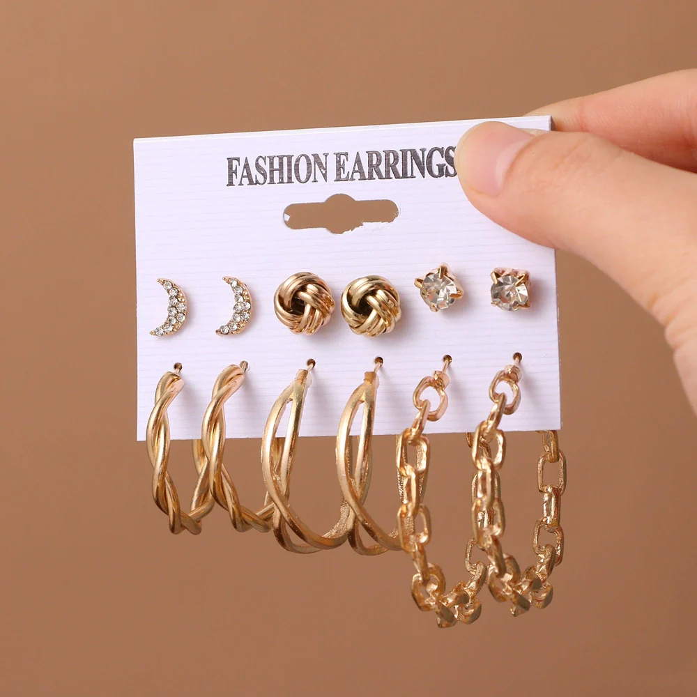 Alloy Metal Circle Chain Earrings Set Geometric Style Electroplated Stainless Steel Ear Needle - Image 32