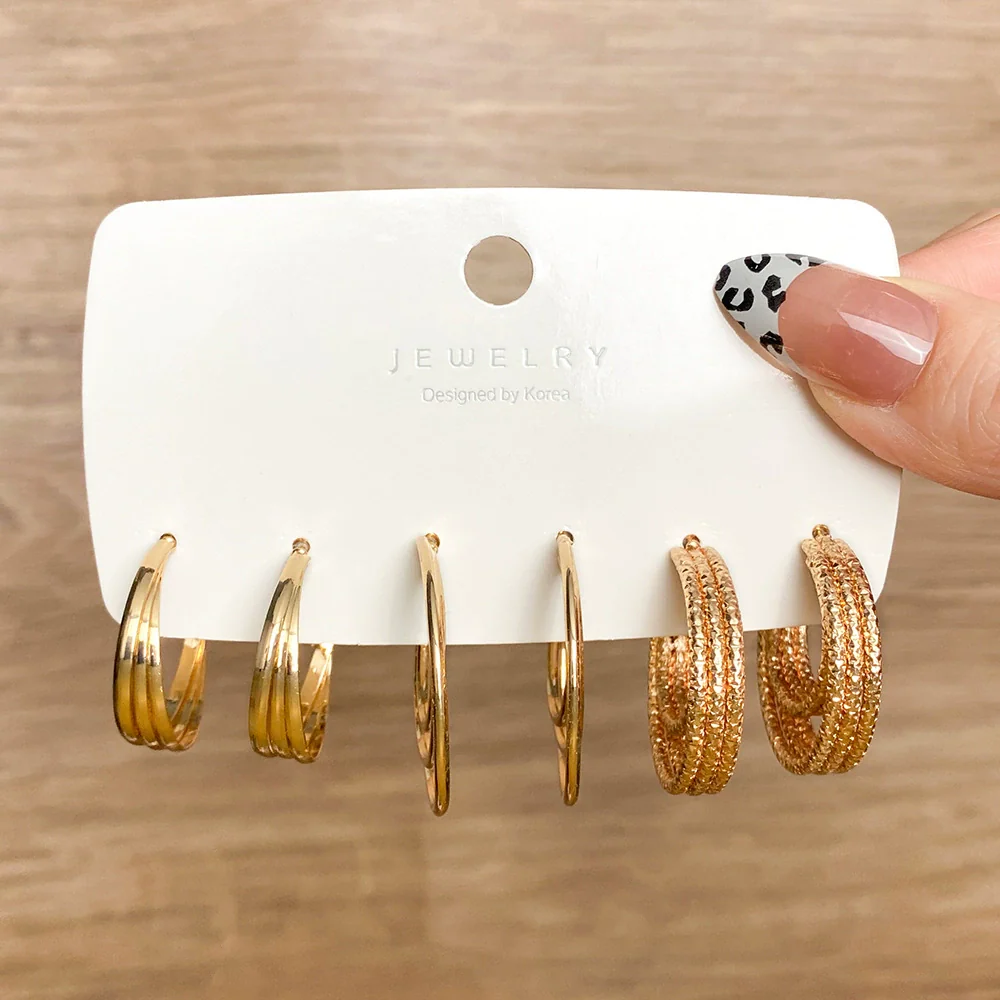 Alloy Metal Circle Chain Earrings Set Geometric Style Electroplated Stainless Steel Ear Needle - Image 8