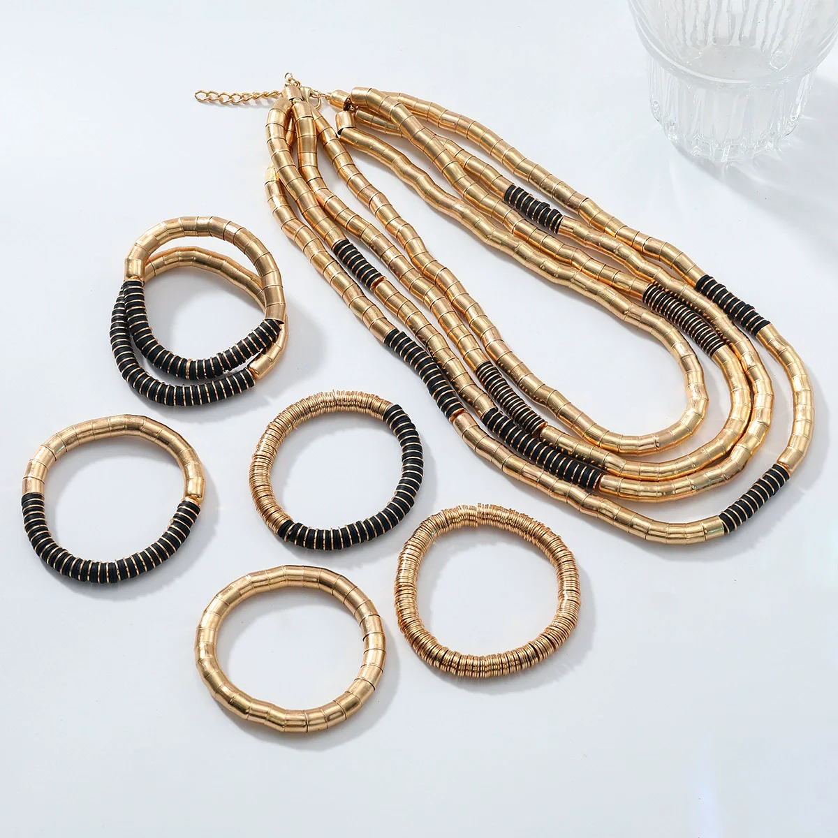Alloy Multilayered Elastic Necklace And Bracelet Set Geometric Style With Cross Crown And Roman Numerals Pattern Electroplated - Image 3