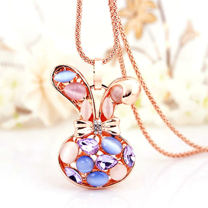 Alloy Necklace With Blue Cat's Eye And Rabbit Head Medieval And Geometric Style - Image 2