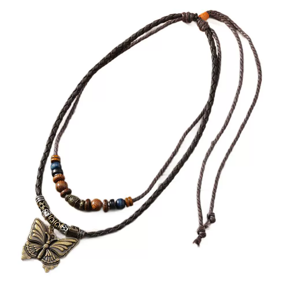 Alloy Pendant Butterfly Necklace Retro Braided Rope Handmade Beaded Multi Layer Unisex - Image 5