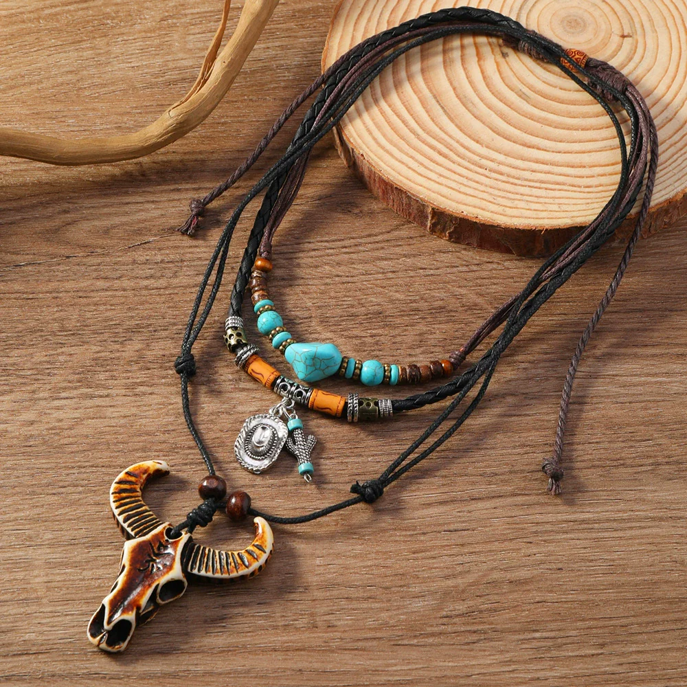 Alloy Pendant Necklace Retro Braided Rope Handmade Beaded Multi Layer Unisex Accessories - Image 2