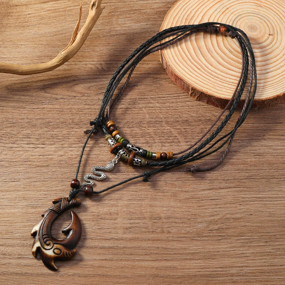 Alloy Pendant Necklace Retro Braided Rope Handmade Beaded Multi Layer Unisex Accessories - Image 3