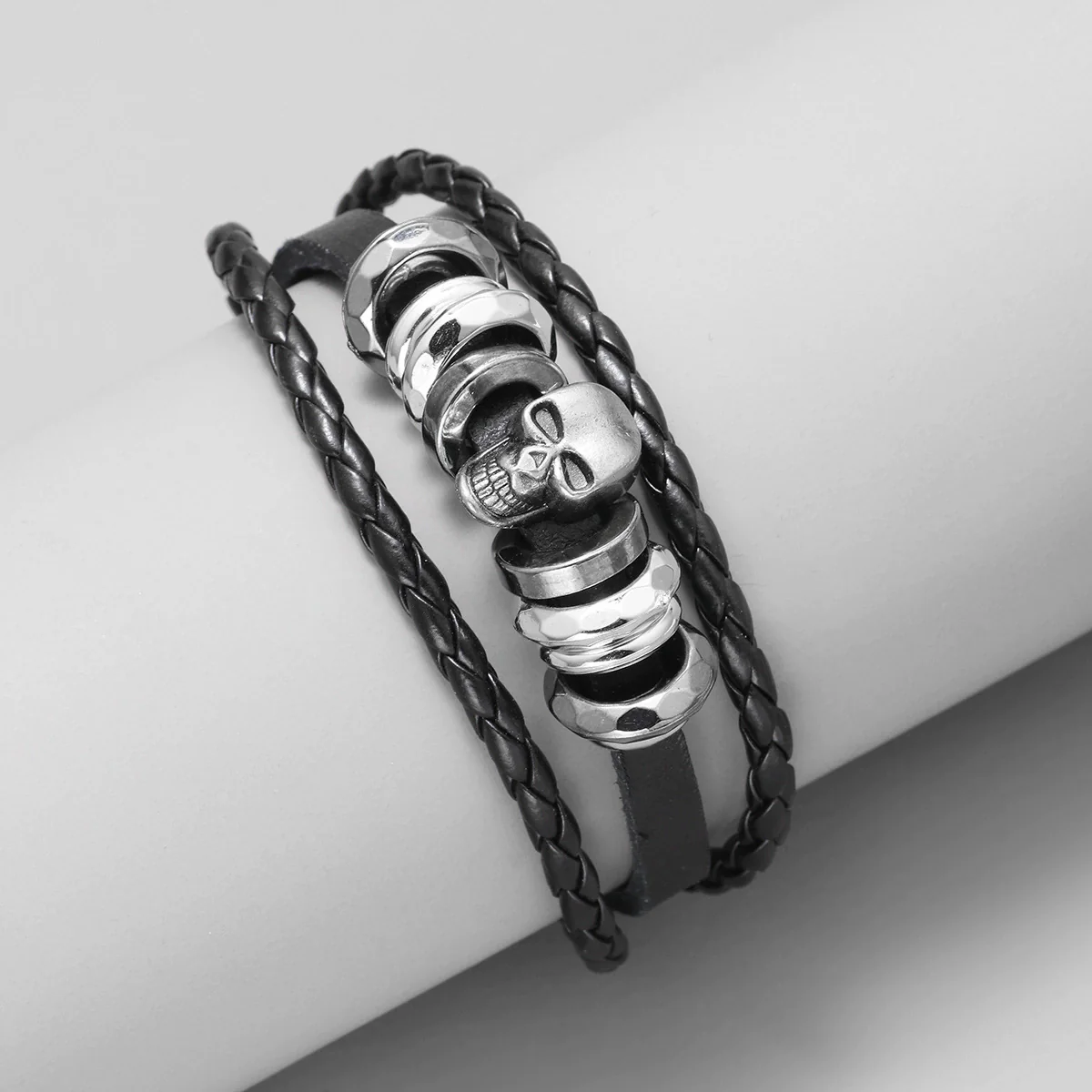 Alloy Punk Skull Handmade Unisex Leather Woven Bracelet - Image 3