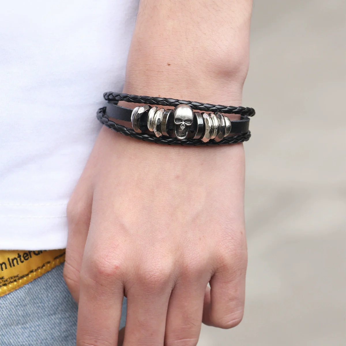 Alloy Punk Skull Handmade Unisex Leather Woven Bracelet - Image 4