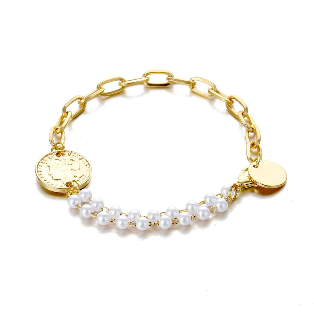 Alloy Retro Baroque Pearl Embossed Coin Like Geometric Bracelet - Image 5