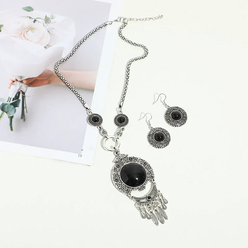 Alloy Retro Ethnic Style Turquoise Tassel Cross Mirror Necklace Earrings Set With Electroplating - Image 8