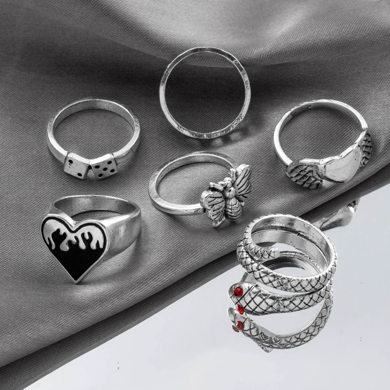Alloy Retro Snake Love Geometric Ring Set With Electroplating For Women - Image 2
