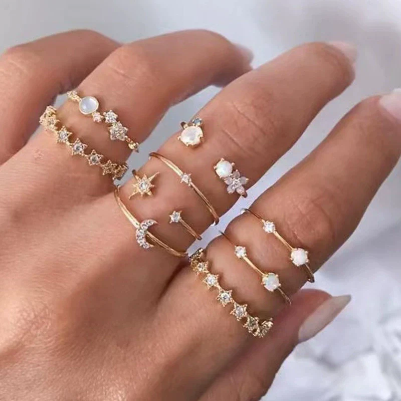 Alloy Rhinestone Acrylic Drill Retro Simple Electroplated Unisex And Women's Mans Star Mans Crescent Ring