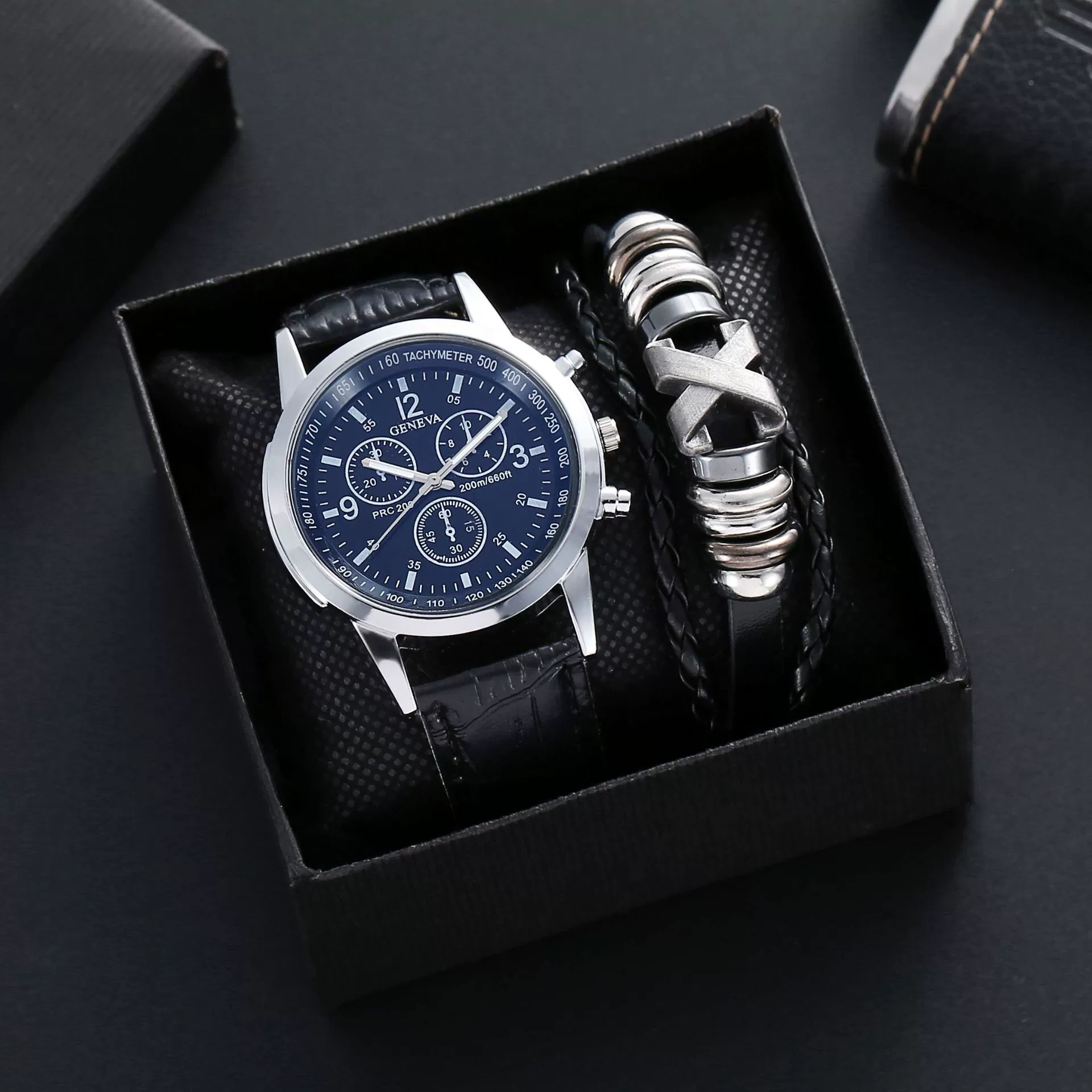 Alloy Shell Imitation Leather Strap Men's Leisure Quartz Watch With Round Dial And Blue Light Twopiece Set