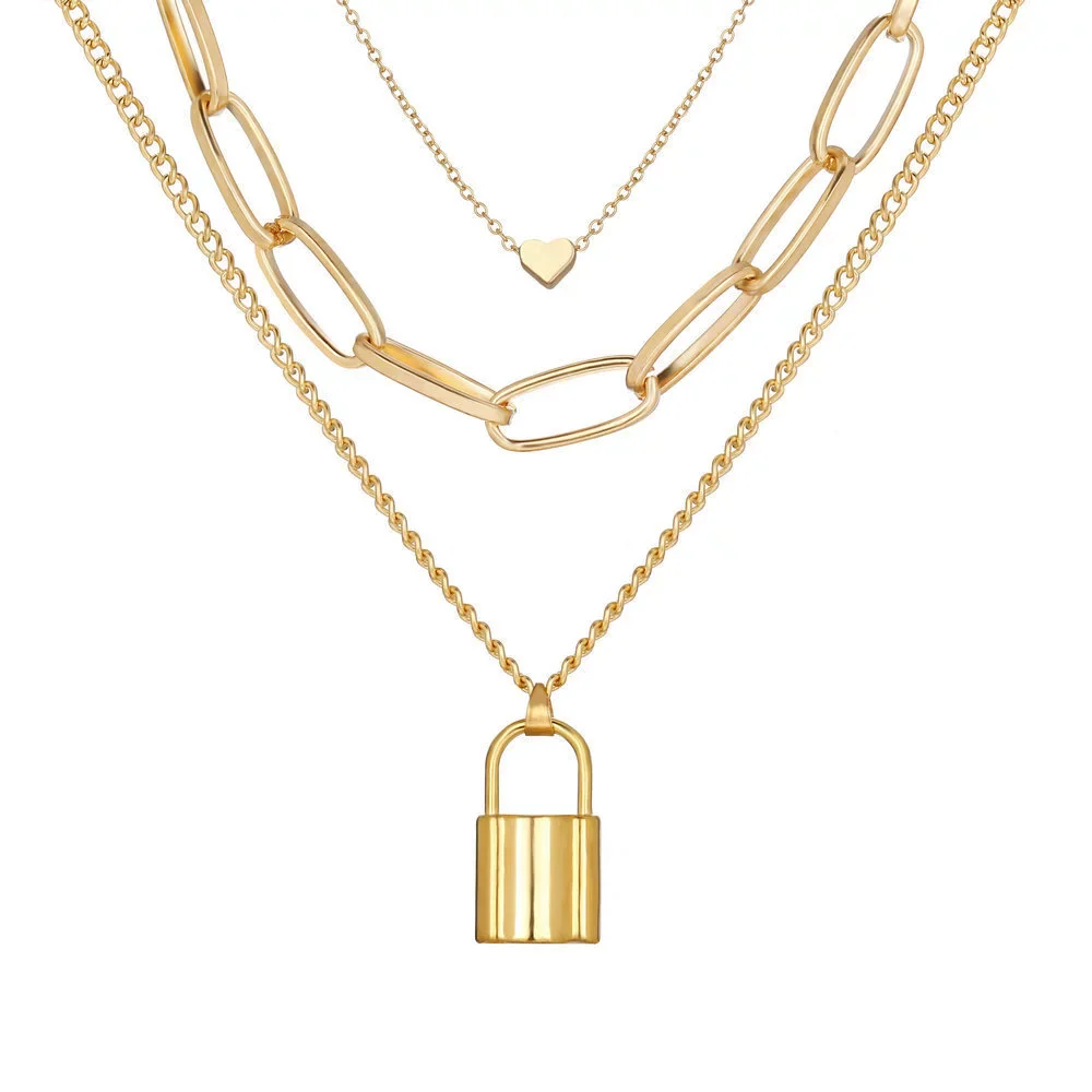 Alloy Simple Peach Lock Pendant Necklace Creative Retro Multilayer With Electroplating - Image 5