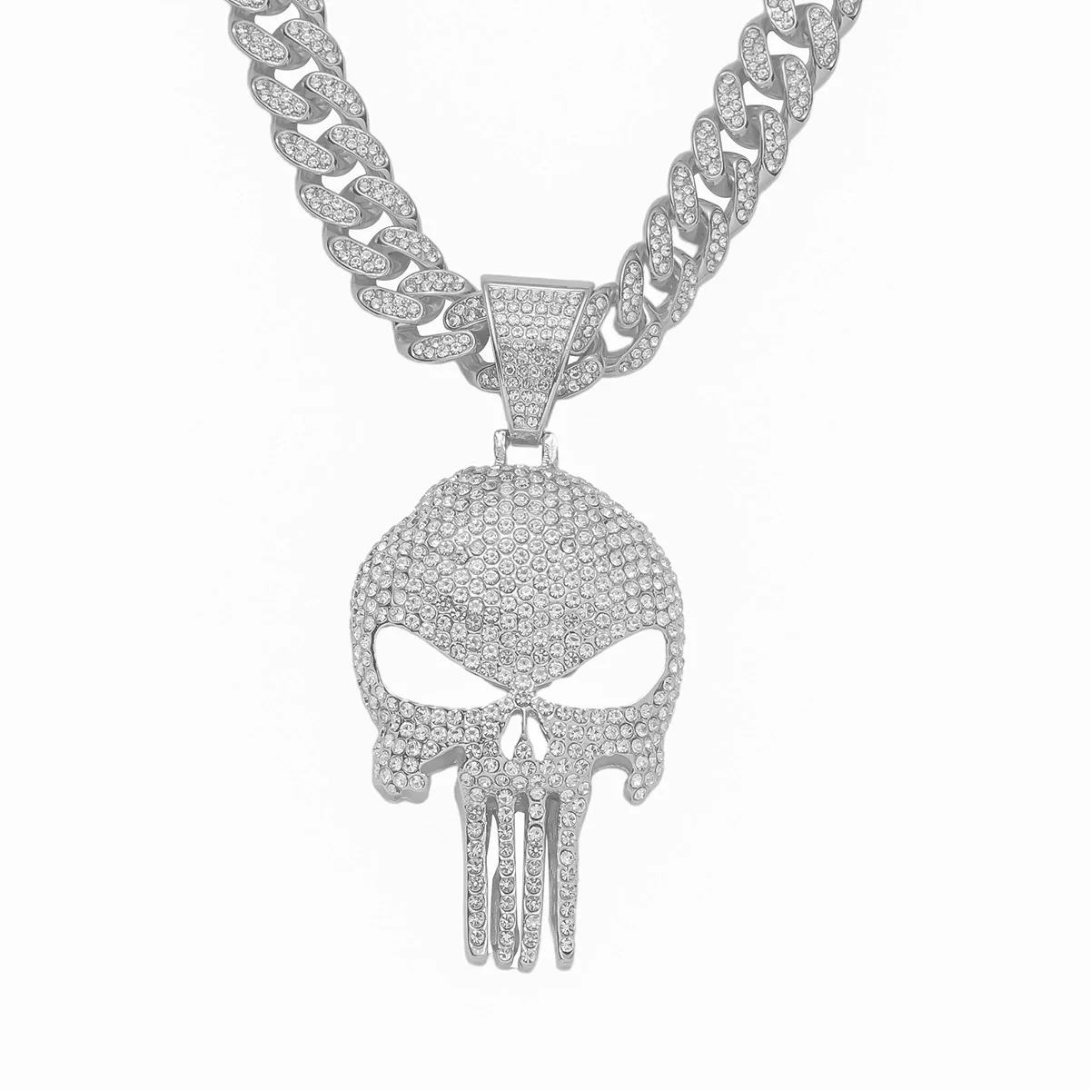 Alloy Skull Pendant Diamond Cuban Chain Men's Hip Hop Jewelry With Geometric Pattern - Image 7