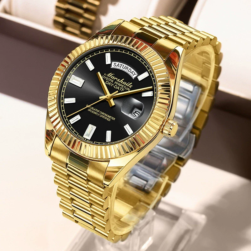 Alloy Solid Steel Band Automatic Hollow Fake Mechanical Couple Watches With Luminous Calendar Waterproof Round Dial Business Style