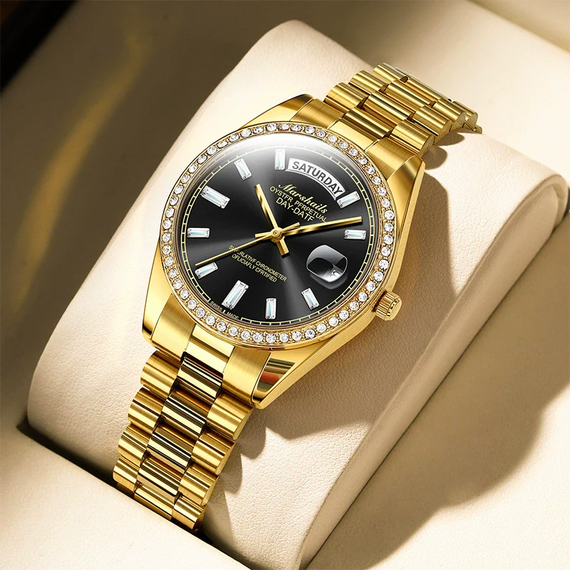 Alloy Solid Steel Band Automatic Hollow Fake Mechanical Couple Watches With Luminous Calendar Waterproof Round Dial Business Style - Image 2