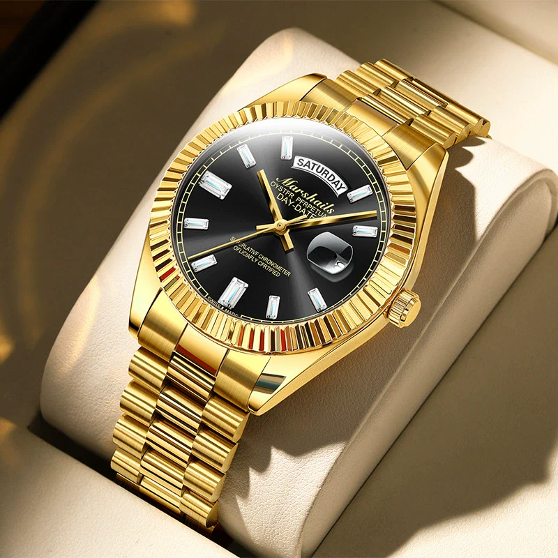 Alloy Solid Steel Band Automatic Hollow Fake Mechanical Couple Watches With Luminous Calendar Waterproof Round Dial Business Style - Image 3