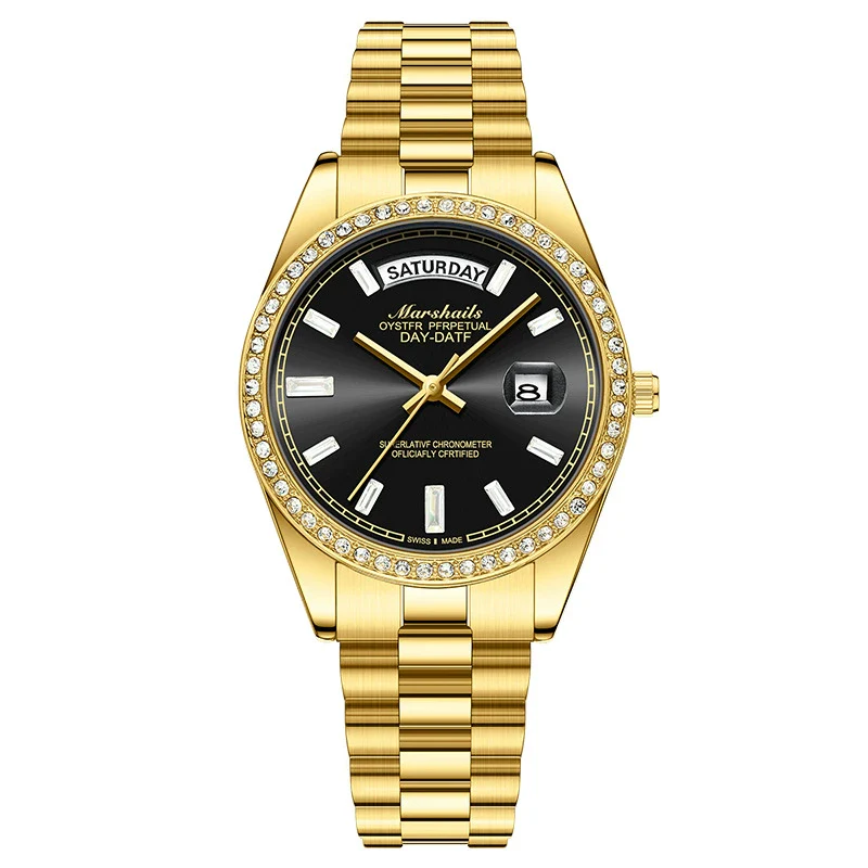 Alloy Solid Steel Band Automatic Hollow Fake Mechanical Couple Watches With Luminous Calendar Waterproof Round Dial Business Style - Image 4