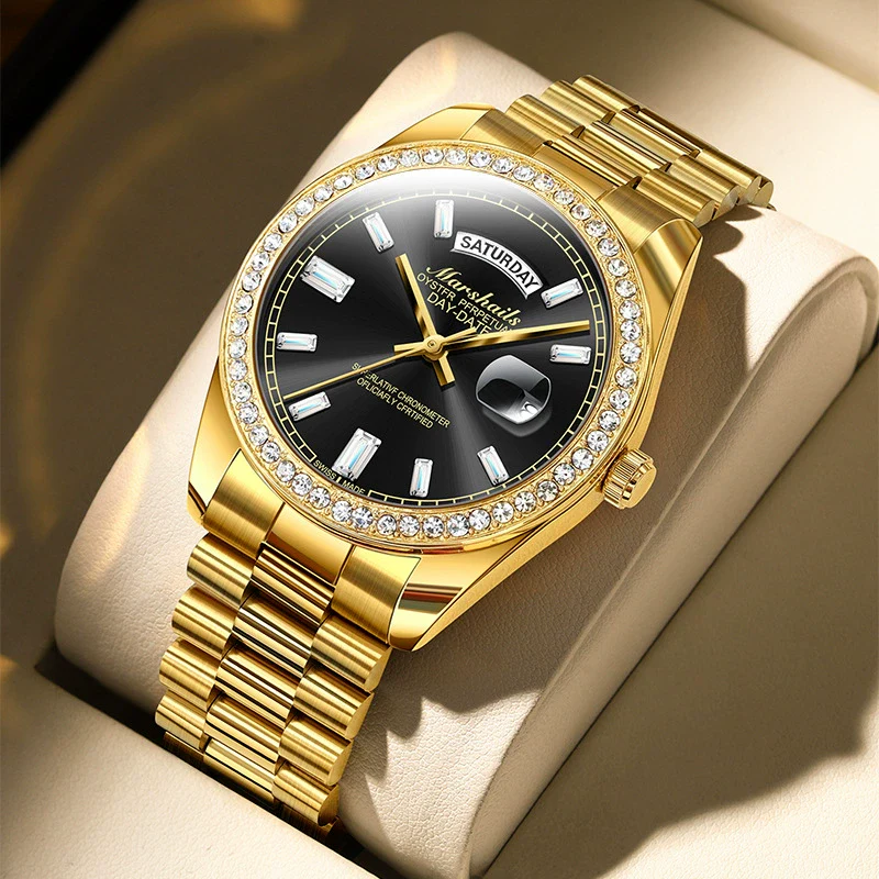 Alloy Solid Steel Band Automatic Hollow Fake Mechanical Couple Watches With Luminous Calendar Waterproof Round Dial Business Style - Image 5