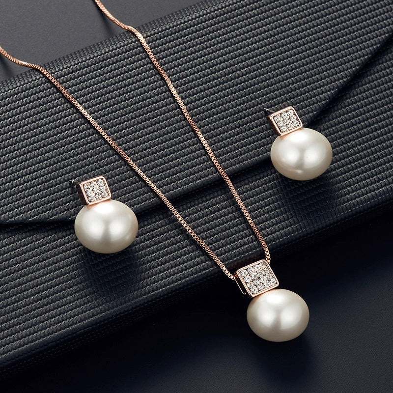 Alloy Square Pearl Jewelry Set With Diamond Inlaid For Women - Image 2