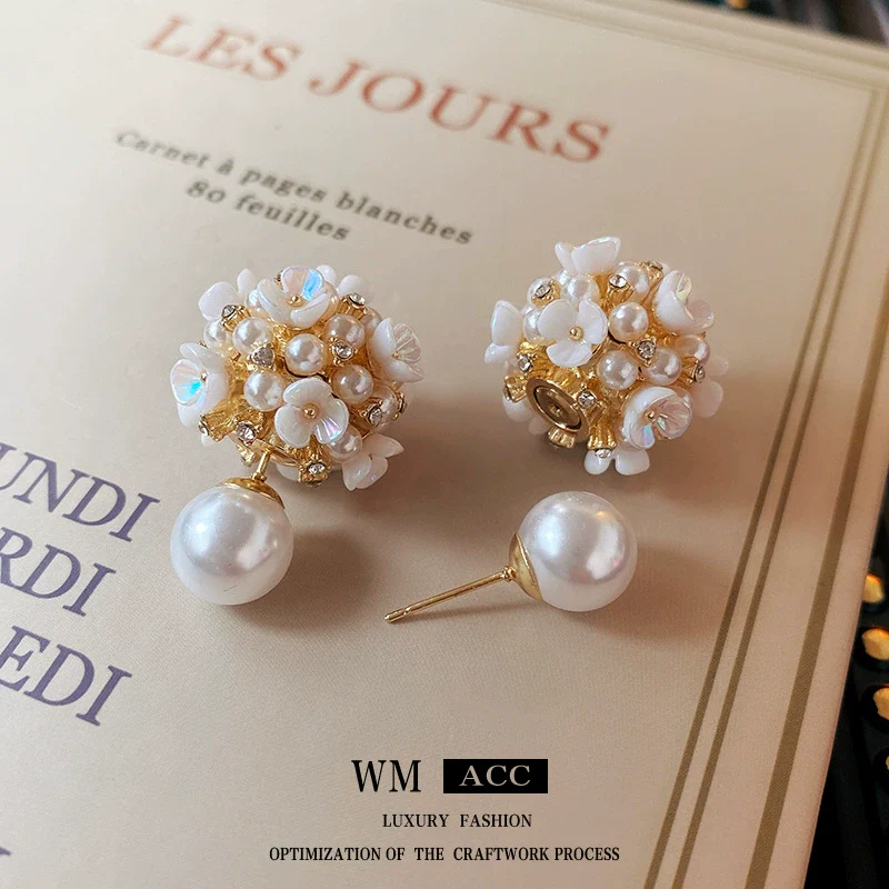 Alloy Stud Earrings With Inlaid Zircon Pearl Ball Flower Pattern Light Luxury Style For Women